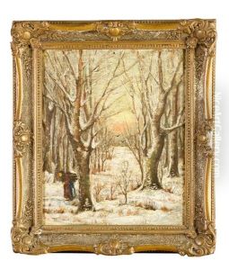 Woman Carrying Wood In Winter Landscape by Yuliy Yulevich (Julius) Klever
