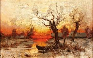Winter Dusk Scene With Distant Village Winter Dusk Scene With Distant Village