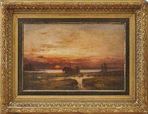 Sonnenuntergang Uber Einem Gehoft Am Wasser Sonnenuntergang Uber Einem Gehoft Am Wasser
