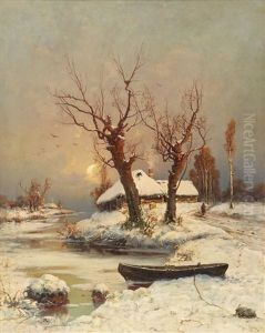 Winter River Landscape In Sunset by Yuliy Yulevich (Julius) Klever