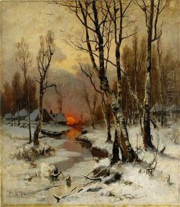 Sunset In The Forest In Winter by Yuliy Yulevich (Julius) Klever