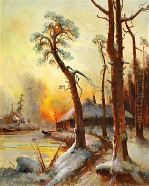 Russian Winter Landscape At Sunset With A Hut By A River - view 1