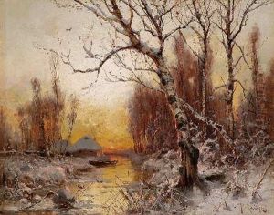 Winterliche Flusslandschaft Im Abendrot