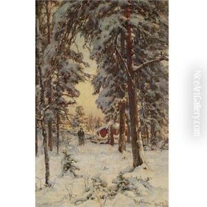 Wood Gatherer In A Wintry Forest