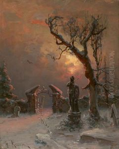 Verschneiter Friedhof Im Abendrot