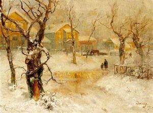 Street Scene From A Suburb Of St. Petersburg In The Pale Evening Sun by Yuliy Yulevich (Julius) Klever