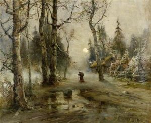 Waldlandschaft Mit Reisigsammlerin by Yuliy Yulevich (Julius) Klever