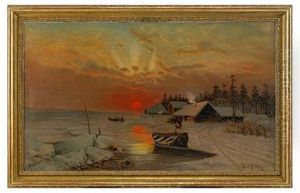 Winter Landscape With Fishermen At Sunset