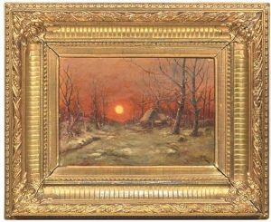 Winterlicher Waldweg Mit Einem Forsterhaus Bei Sonnenuntergang Winterlicher Waldweg Mit Einem Forsterhaus Bei Sonnenuntergang
