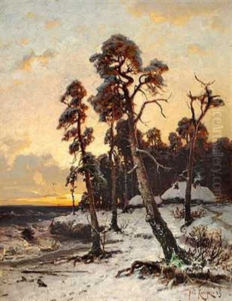 Sunset At Snow-covered Coast In The Outskirts Of A Forest, Between The Trees A House Is Visible - view 1