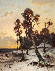 Sunset At Snow-covered Coast In The Outskirts Of A Forest, Between The Trees A House Is Visible