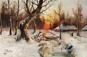 A Man On His Way Home To His Snow-clad House By A Stream In The Sunset. A Dinghy Is Moored To A Tree