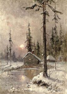 A Winter Scene With Snow-capped Cottages by Yuliy Yulevich (Julius) Klever