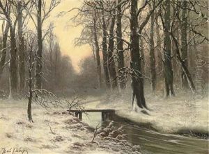 A Winter Woodland Bridge At Dusk A Winter Woodland Bridge At Dusk