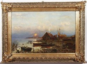 Sunset With Houses And Rowboats