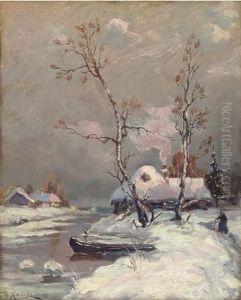 Riverside Cottages In The Snow (in Collab. W/studio) by Yuliy Yulevich (Julius) Klever