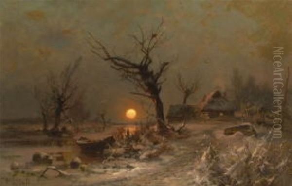 Untergehende Sonne In Winterlicher Flusslandschaft - view 1