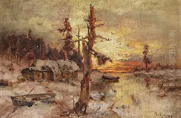 Vinterparti Med Solnedgang Og Joller Ved Et Hus (or His Workshop) - view 1