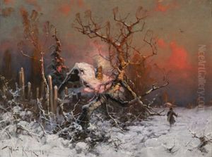 Figure In A Winter Landscape At Sunset by Yuliy Yulevich (Julius) Klever