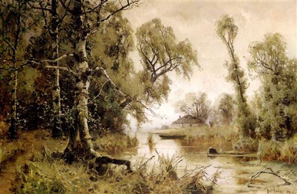 Flusslandschaft Mit Boot Und Haus - view 1