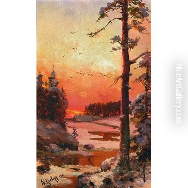 A Wooded Landscape At Sunset - view 1