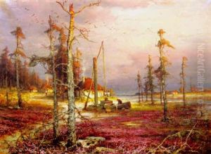 Winter Sunset Over A Cottage By A River by Yuliy Yulevich (Julius) Klever