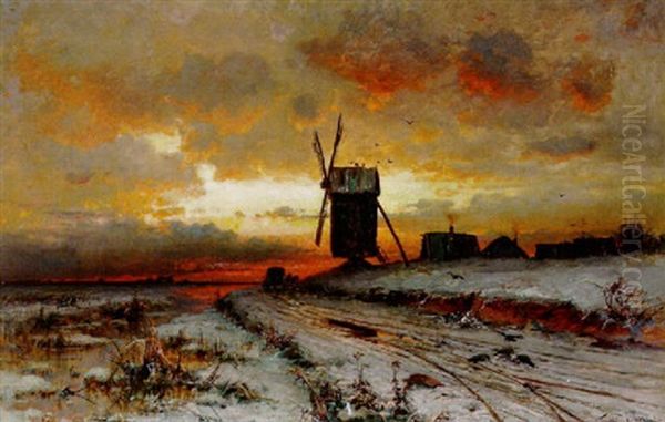 Landliche Szene Mit Windmuhle Und Kate Im Winter - view 1