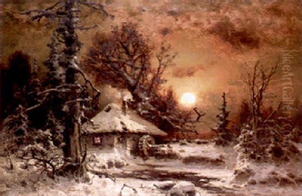 Cottage In A Winter Landscape At Sunset - view 1