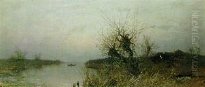 Fisherman In An Autumn Riverscape by Yuliy Yulevich (Julius) Klever