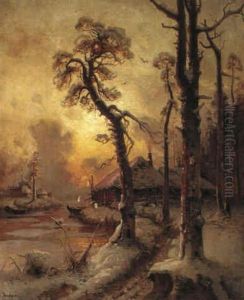 Winter Sunset Over A Hamlet By The River