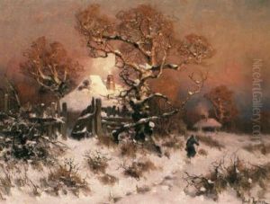 Vinterlandskap Med Hus, Trad Samt Vandringsman -            Aftonrodnad by Yuliy Yulevich (Julius) Klever