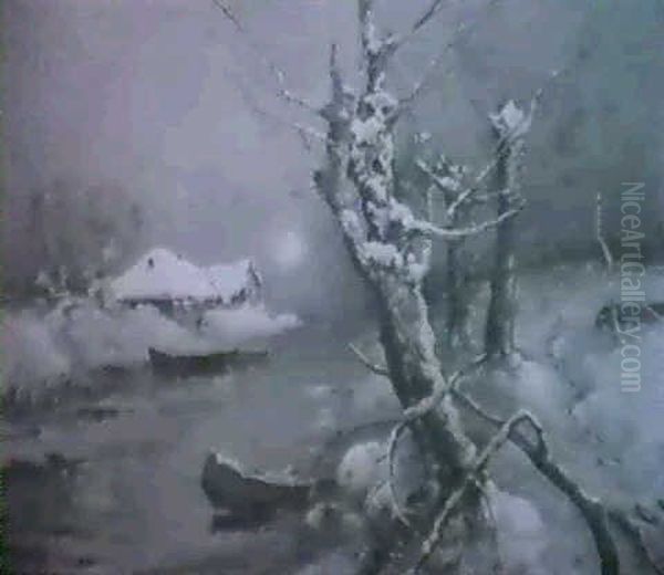 Winterliche Flusslandschaft Mit Bauernhaus - view 1