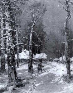 Winterwald Mit Schneebedeckten Holzhutten by Yuliy Yulevich (Julius) Klever