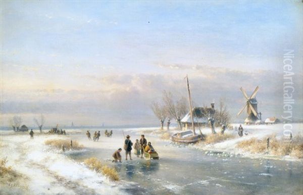 Weite Winterlandschaft Mit Regem Treiben Auf Einem Zugefrorenen Kanal - view 1
