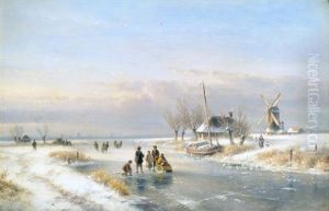 Weite Winterlandschaft Mit Regem Treiben Auf Einem Zugefrorenen Kanal by Lodewijk Johannes Kleyn