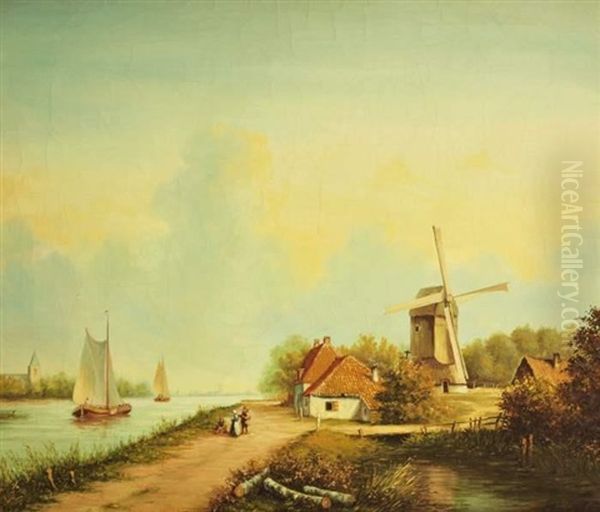 Hollandische Landschaft Mit Kanal Und Figurenstaffage - view 1