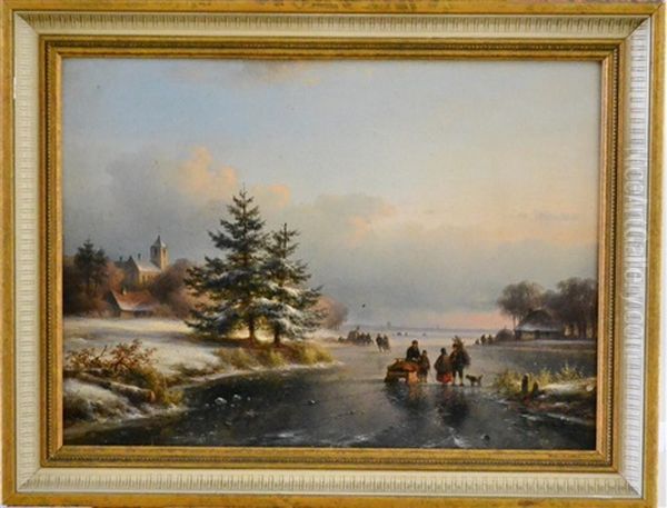 Frozen River Scene With Figures And Buildings - view 1