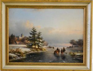 Frozen River Scene With Figures And Buildings by Lodewijk Johannes Kleyn