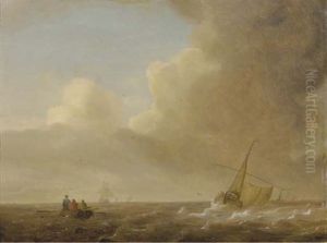 Figures In A Rowing Boat And Other Shipping In A Stiff Breeze
