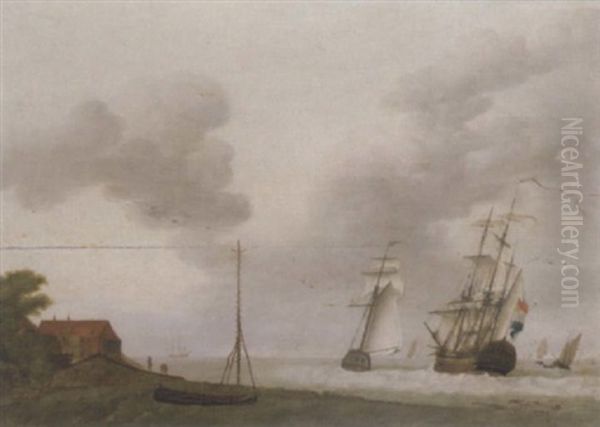 A Frigate And Other Shipping Off A Coastline - view 1