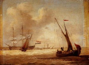 An Estuary With Fishermen Aboard A Dutch Pink On A Beach With A Man O'war And Other Vessels In Choppy Waters Off A Coast Beyond by David Kleyne