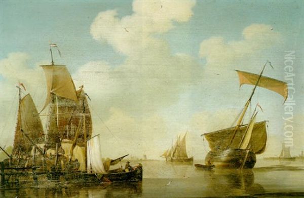 A River Scene With Figures Rigging Fishing Boats In The Foreground And Other Vessels Beyond - view 1