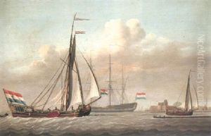 A Dutch Yacht, A Merchantman And A Pink Off A Coastline by David Kleyne