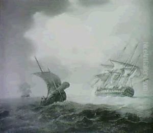 A Dutch Man O'war And Fishing Boats Off The Coast by David Kleyne