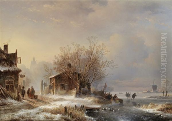 Dorflandschaft Im Winter Mit Eislaufern - view 1