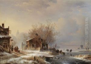 Dorflandschaft Im Winter Mit Eislaufern thumbnail