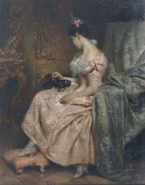 Edles Interieur Mit Dame Im Rosafarbenen Kleid Und Hund - view 1