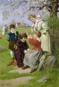 Jugendalter - Die Kleine Maiprinzessin Setzt Ihrem Jungen Ritter Einen Blumenkranz Aufs Haar by Eugen Johann Georg Klimsch