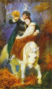 A Fine Portrait Of A Minstrel And A Young Lady Riding A White Horse Through An Autumnal Forest By Moonlight