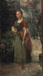 Emilie Fl"ge Vor Rosen Und Oleander Stehend by Gustav Klimt